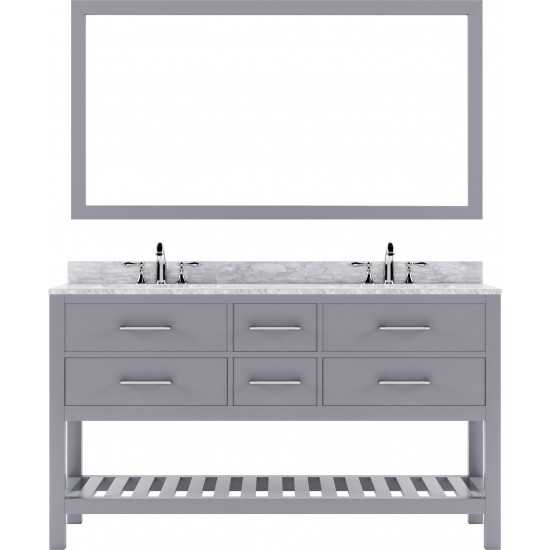 Caroline Estate 60" Double Bath Vanity in Gray with White Marble Top and Round Sinks with Polished Chrome Faucets and Mirror