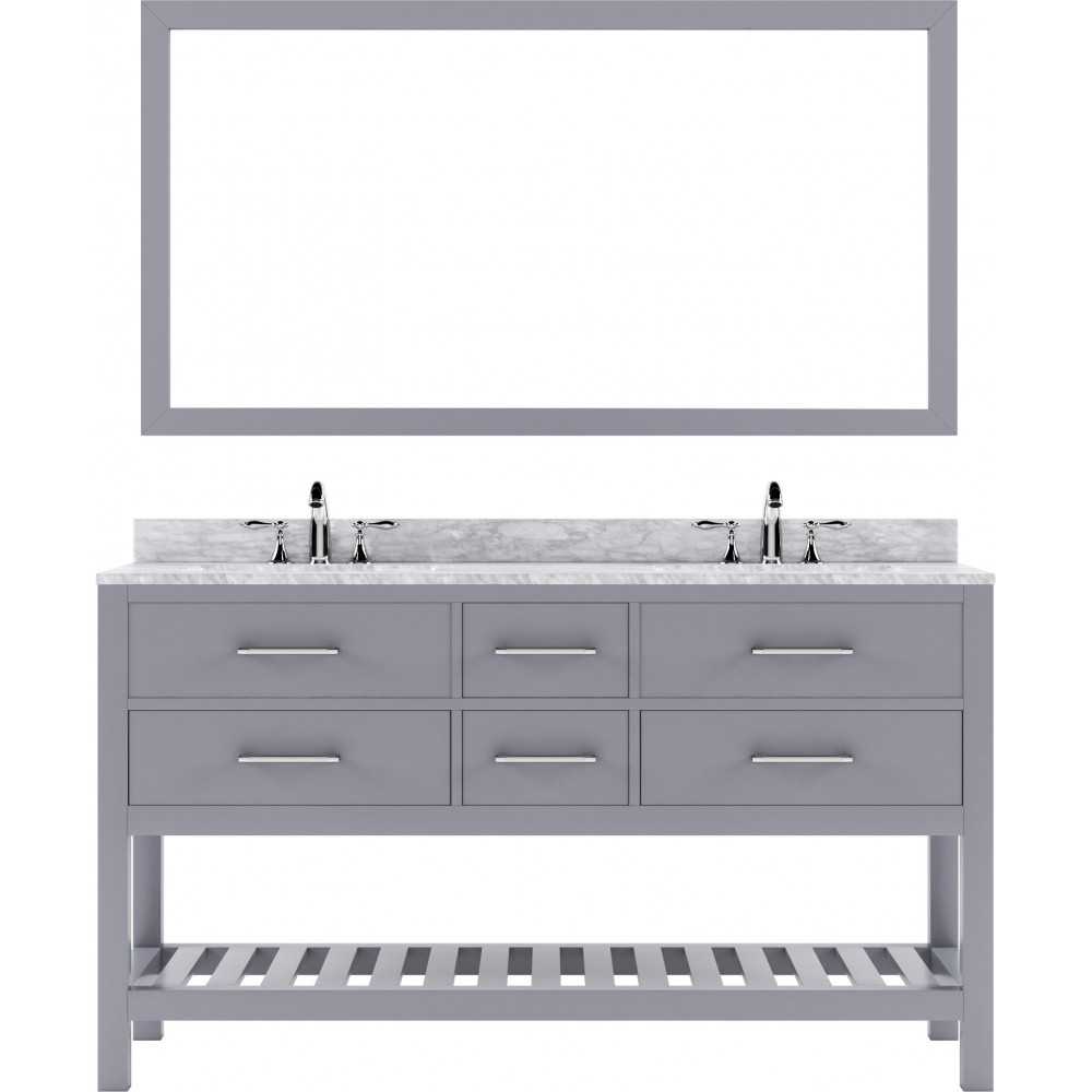 Caroline Estate 60" Double Bath Vanity in Gray with White Marble Top and Round Sinks with Polished Chrome Faucets and Mirror