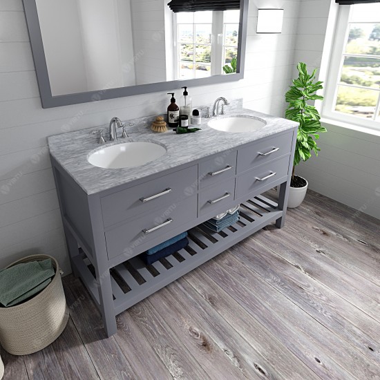 Caroline Estate 60" Double Bath Vanity in Gray with White Marble Top and Round Sinks with Polished Chrome Faucets and Mirror