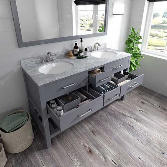 Caroline Estate 60" Double Bath Vanity in Gray with White Marble Top and Round Sinks with Polished Chrome Faucets and Mirror