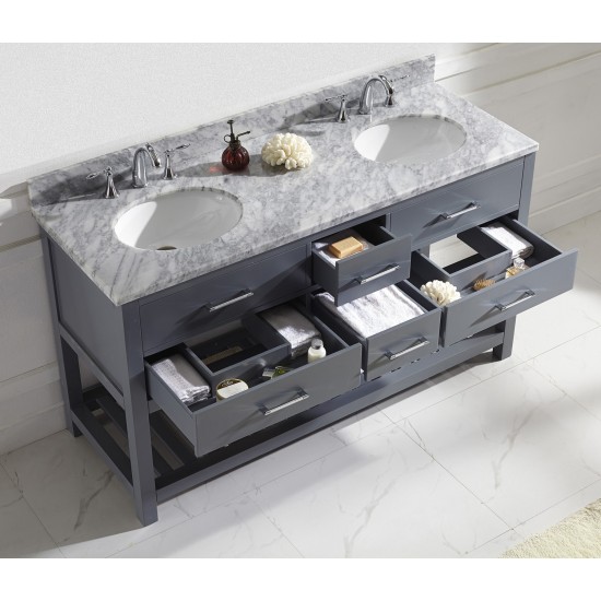 Caroline Estate 60" Double Bath Vanity in Gray with White Marble Top and Round Sinks with Polished Chrome Faucets and Mirror