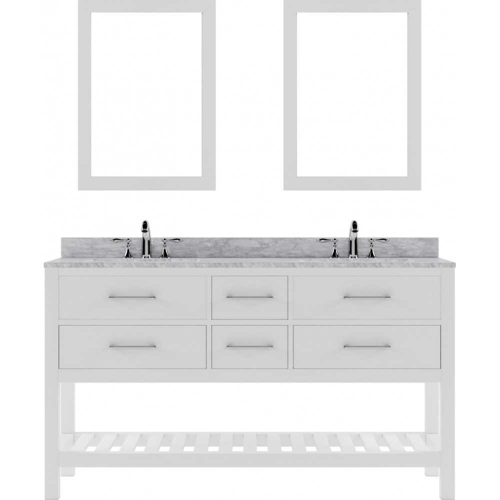 Caroline Estate 60" Double Bath Vanity in White with White Marble Top and Round Sinks with Brushed Nickel Faucets and Mirrors