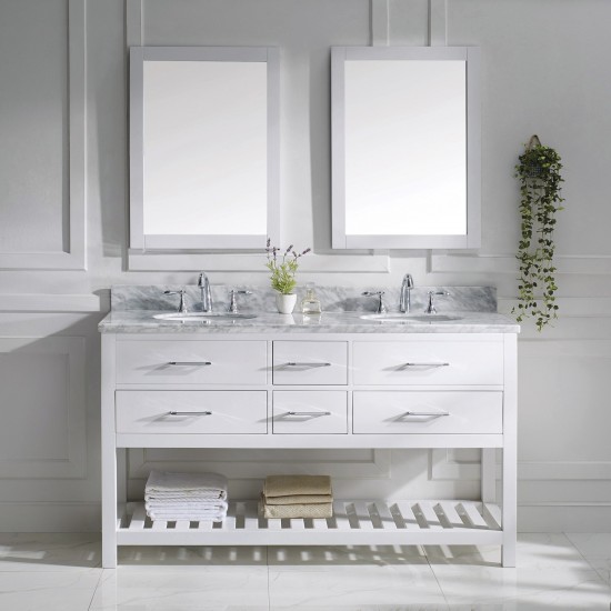 Caroline Estate 60" Double Bath Vanity in White with White Marble Top and Round Sinks with Brushed Nickel Faucets and Mirrors