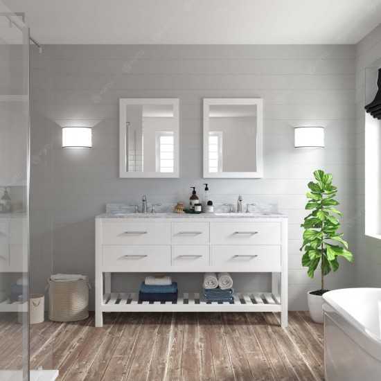 Caroline Estate 60" Double Bath Vanity in White with White Marble Top and Round Sinks with Brushed Nickel Faucets and Mirrors