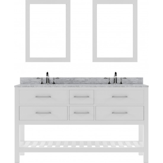 Caroline Estate 60" Double Bath Vanity in White with White Marble Top and Round Sinks with Polished Chrome Faucets and Mirror