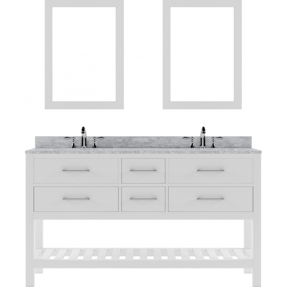 Caroline Estate 60" Double Bath Vanity in White with White Marble Top and Round Sinks with Polished Chrome Faucets and Mirror