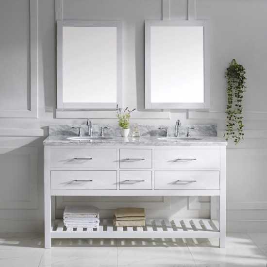 Caroline Estate 60" Double Bath Vanity in White with White Marble Top and Round Sinks with Polished Chrome Faucets and Mirror