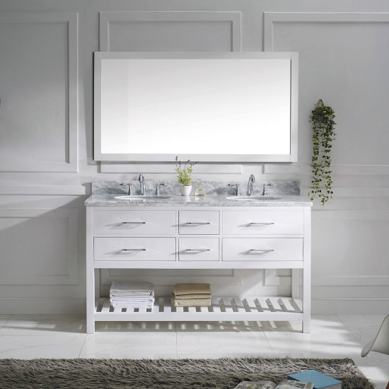 Caroline Estate 60" Double Bath Vanity in White with White Marble Top and Round Sinks and Matching Mirror