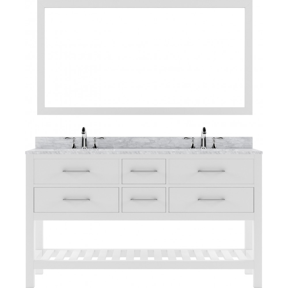 Caroline Estate 60" Double Bath Vanity in White with White Marble Top and Round Sinks with Brushed Nickel Faucets and Mirror