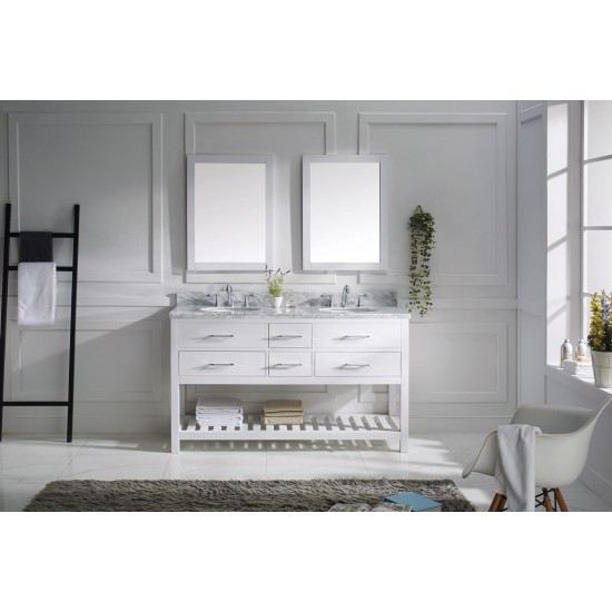 Caroline Estate 60" Double Bath Vanity in White with White Marble Top and Round Sinks with Polished Chrome Faucets and Mirror