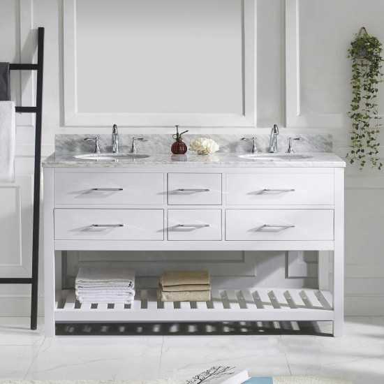 Caroline Estate 60" Double Bath Vanity in White with White Marble Top and Round Sinks