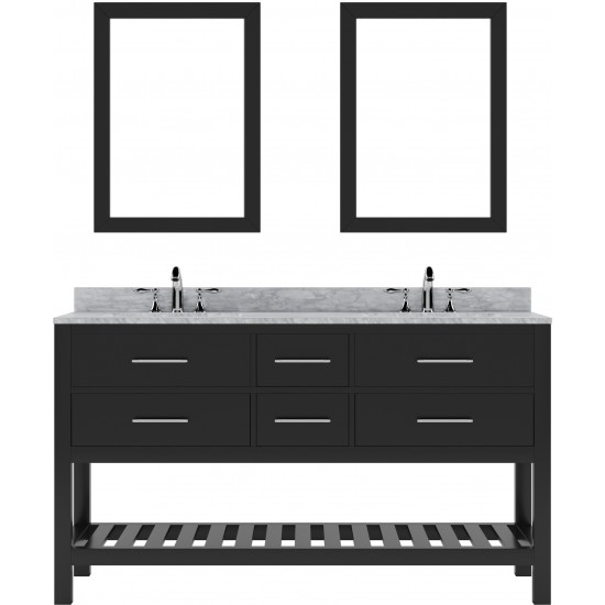 Caroline Estate 60" Double Vanity in Espresso with White Marble Top and Square Sinks with Brushed Nickel Faucets and Mirrors