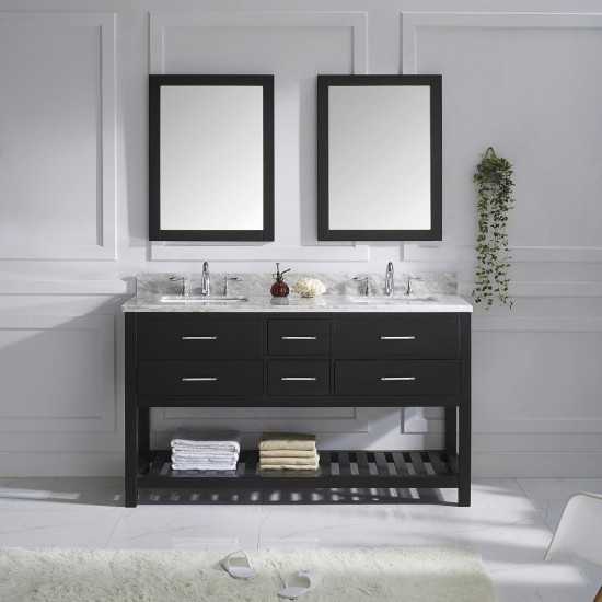 Caroline Estate 60" Double Vanity in Espresso with White Marble Top and Square Sinks with Polished Chrome Faucets and Mirrors