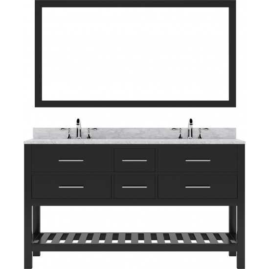 Caroline Estate 60" Double Vanity in Espresso with White Marble Top and Square Sinks with Polished Chrome Faucets and Mirror