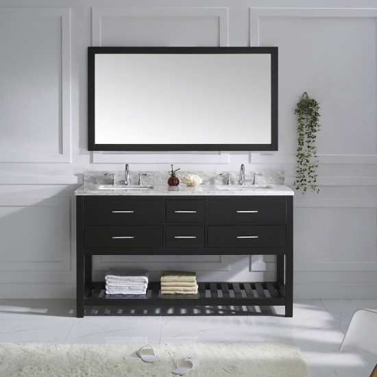 Caroline Estate 60" Double Vanity in Espresso with White Marble Top and Square Sinks with Polished Chrome Faucets and Mirror