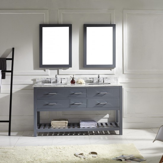 Caroline Estate 60" Double Bath Vanity in Gray with White Marble Top and Square Sinks and Matching Mirrors