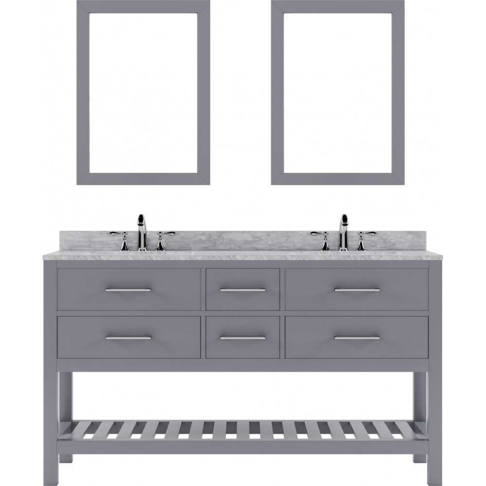 Caroline Estate 60" Double Bath Vanity in Gray with White Marble Top and Square Sinks with Brushed Nickel Faucets and Mirrors