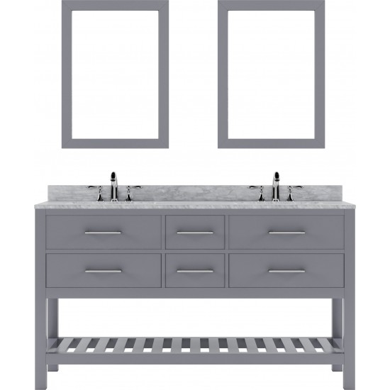 Caroline Estate 60" Double Bath Vanity in Gray with White Marble Top and Square Sinks with Polished Chrome Faucets and Mirror