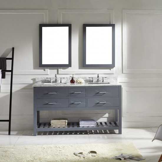 Caroline Estate 60" Double Bath Vanity in Gray with White Marble Top and Square Sinks with Polished Chrome Faucets and Mirror