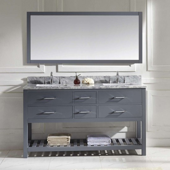 Caroline Estate 60" Double Bath Vanity in Gray with White Marble Top and Square Sinks and Matching Mirror