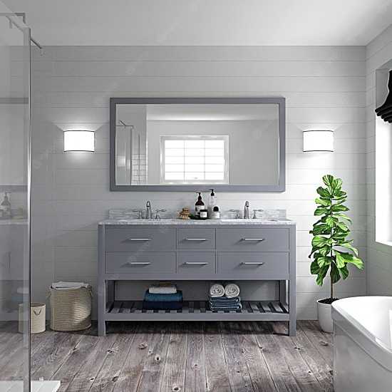 Caroline Estate 60" Double Bath Vanity in Gray with White Marble Top and Square Sinks and Matching Mirror