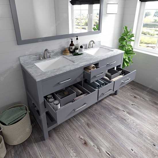 Caroline Estate 60" Double Bath Vanity in Gray with White Marble Top and Square Sinks and Matching Mirror