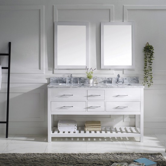Caroline Estate 60" Double Bath Vanity in White with White Marble Top and Square Sinks and Matching Mirrors