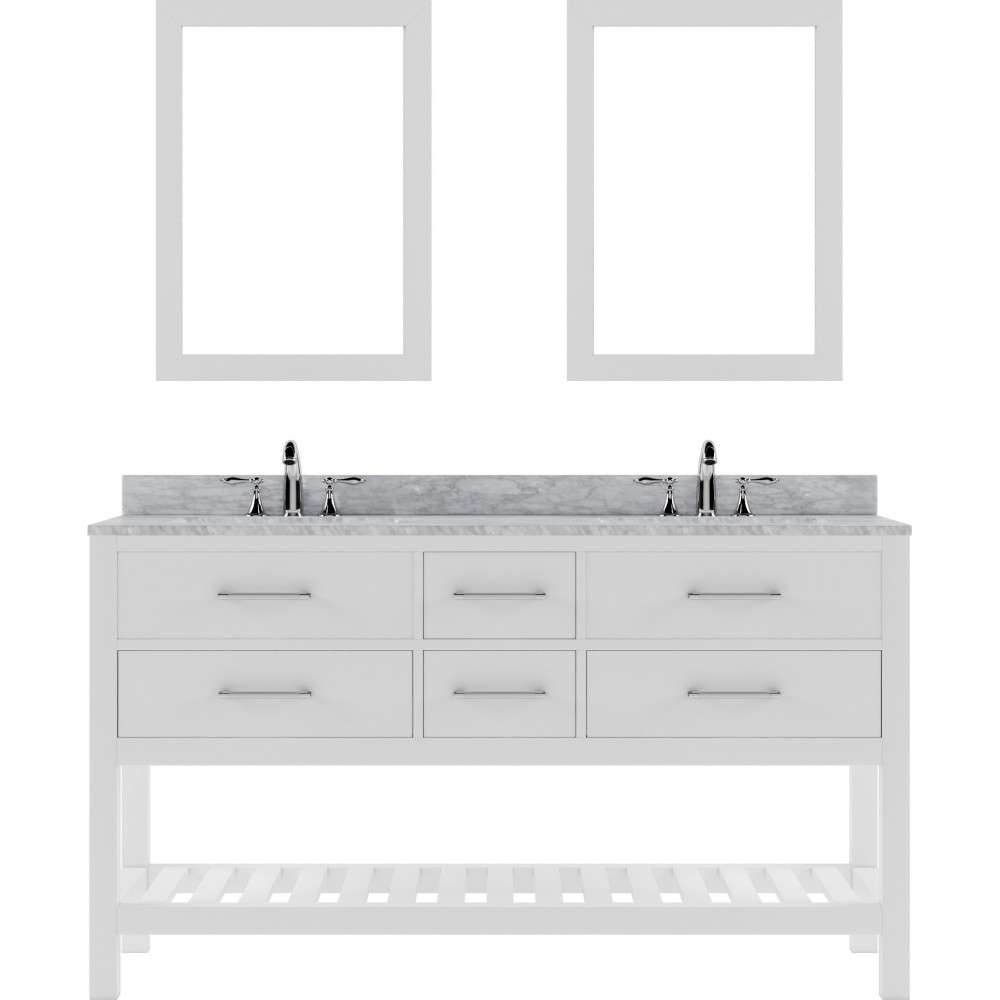 Caroline Estate 60" Double Bath Vanity in White with White Marble Top and Square Sinks with Brushed Nickel Faucets and Mirror