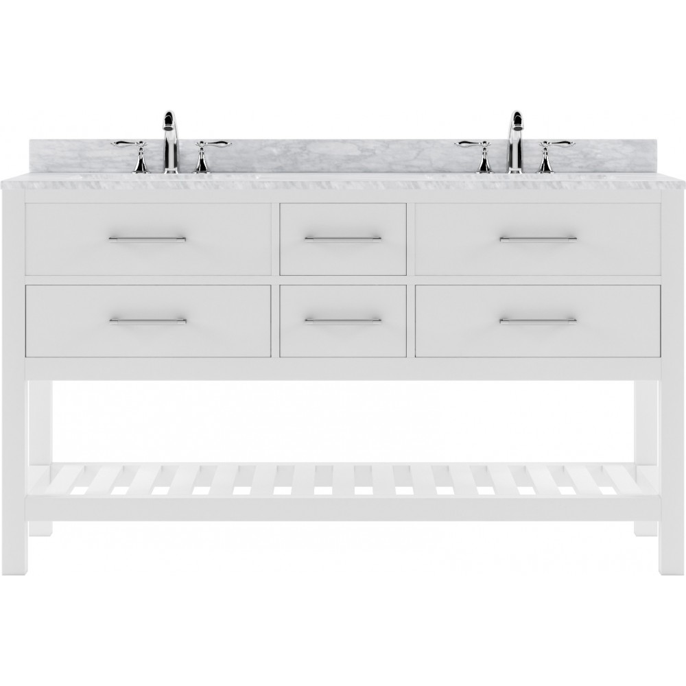 Caroline Estate 60" Double Bath Vanity in White with White Marble Top and Square Sinks with Brushed Nickel Faucets