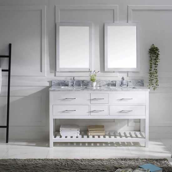 Caroline Estate 60" Double Bath Vanity in White with White Marble Top and Square Sinks with Polished Chrome Faucets and Mirro