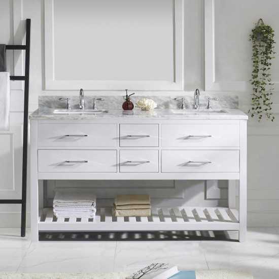 Caroline Estate 60" Double Bath Vanity in White with White Marble Top and Square Sinks with Polished Chrome Faucets