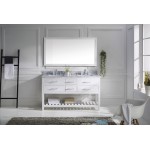 Caroline Estate 60" Double Bath Vanity in White with White Marble Top and Square Sinks with Brushed Nickel Faucets and Mirror