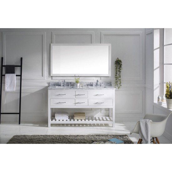 Caroline Estate 60" Double Bath Vanity in White with White Marble Top and Square Sinks with Brushed Nickel Faucets and Mirror