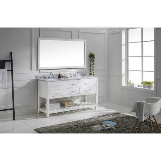 Caroline Estate 60" Double Bath Vanity in White with White Marble Top and Square Sinks with Brushed Nickel Faucets and Mirror