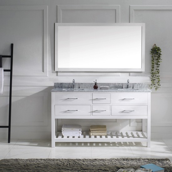 Caroline Estate 60" Double Bath Vanity in White with White Marble Top and Square Sinks with Polished Chrome Faucets and Mirro