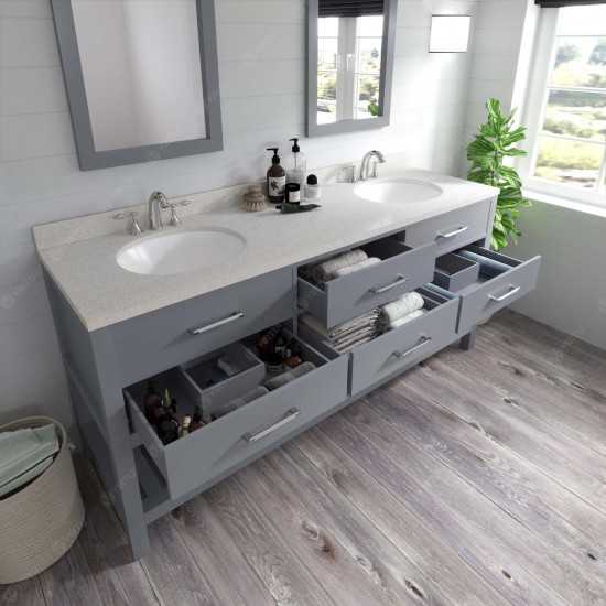 Caroline Estate 72" Double Bath Vanity in Gray with White Quartz Top and Round Sinks with Brushed Nickel Faucets and Mirrors