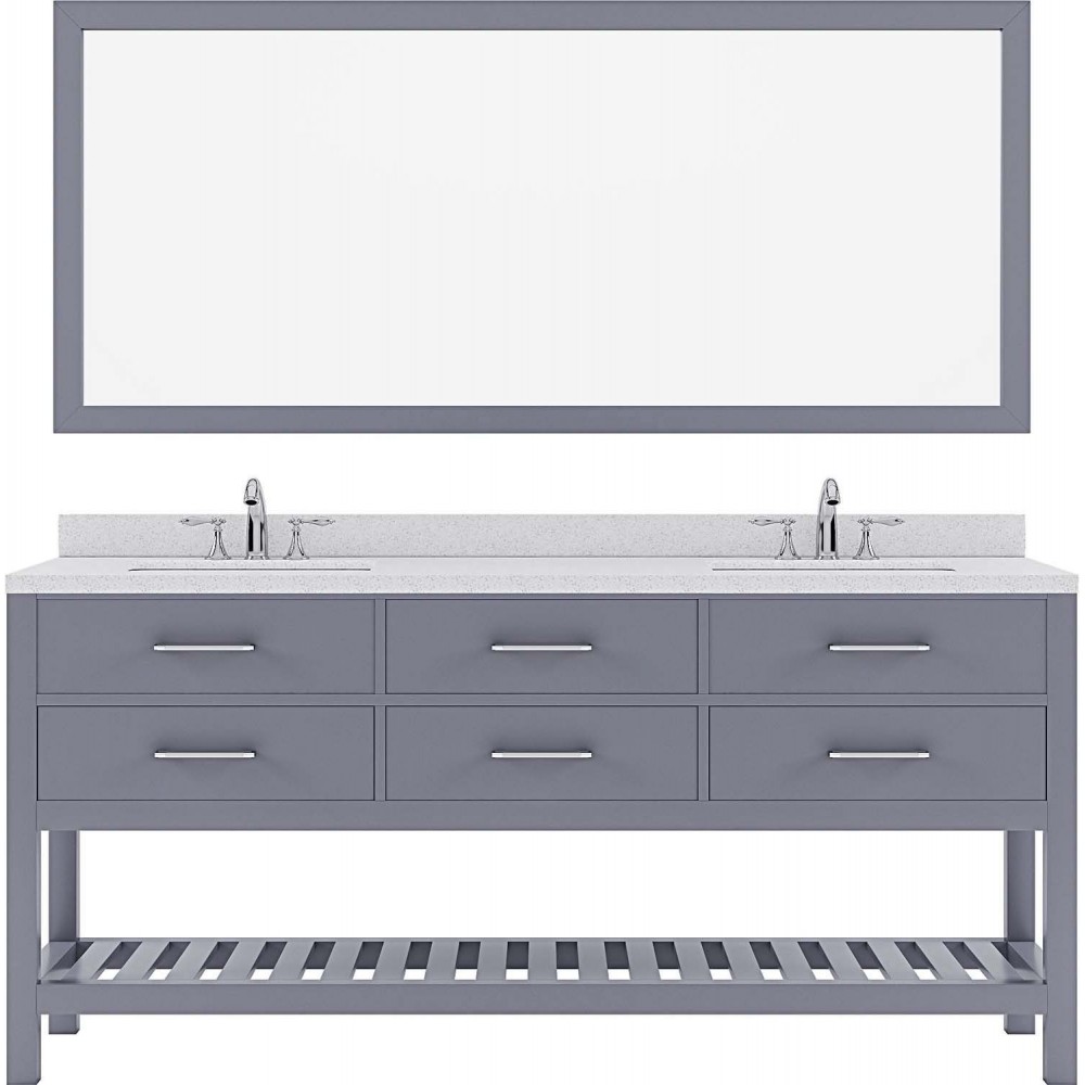 Caroline Estate 72" Double Bath Vanity in Gray with White Quartz Top and Round Sinks and Matching Mirror