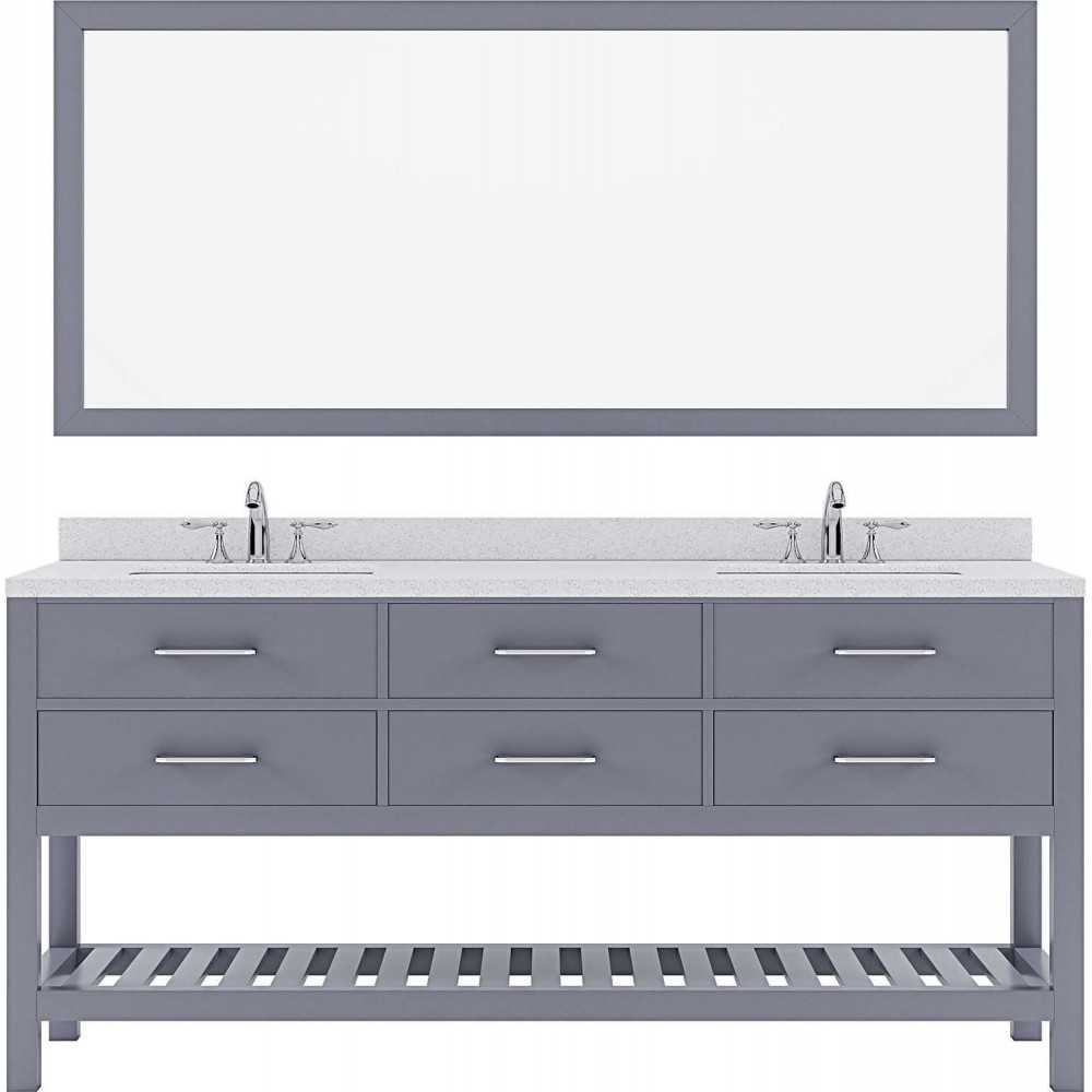 Caroline Estate 72" Double Bath Vanity in Gray with White Quartz Top and Round Sinks with Brushed Nickel Faucets and Mirror