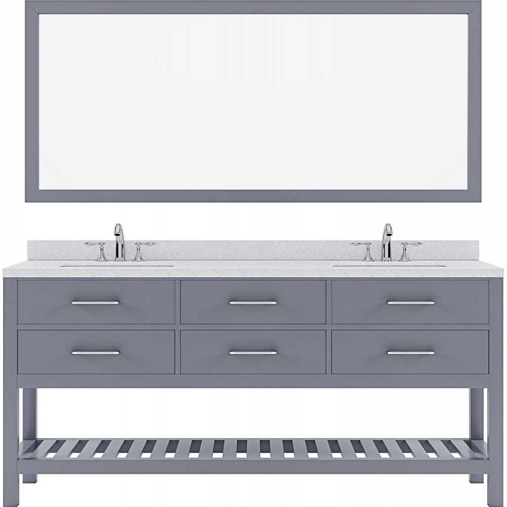 Caroline Estate 72" Double Bath Vanity in Gray with White Quartz Top and Round Sinks with Polished Chrome Faucets and Mirror