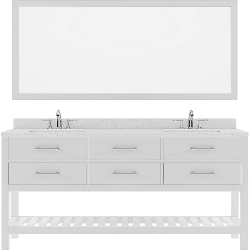 Caroline Estate 72" Double Bath Vanity in White with White Quartz Top and Round Sinks with Brushed Nickel Faucets and Mirror