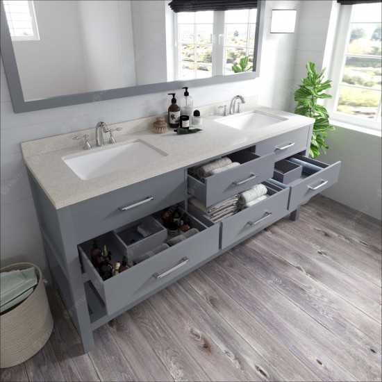 Caroline Estate 72" Double Bath Vanity in Gray with White Quartz Top and Square Sinks and Matching Mirrors