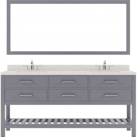 Caroline Estate 72" Double Bath Vanity in Gray with White Quartz Top and Square Sinks with Polished Chrome Faucets and Mirror