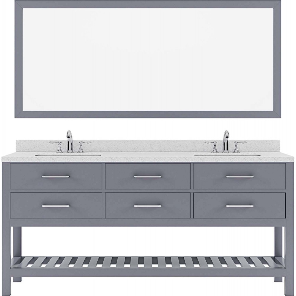 Caroline Estate 72" Double Bath Vanity in Gray with White Quartz Top and Square Sinks with Brushed Nickel Faucets and Mirror