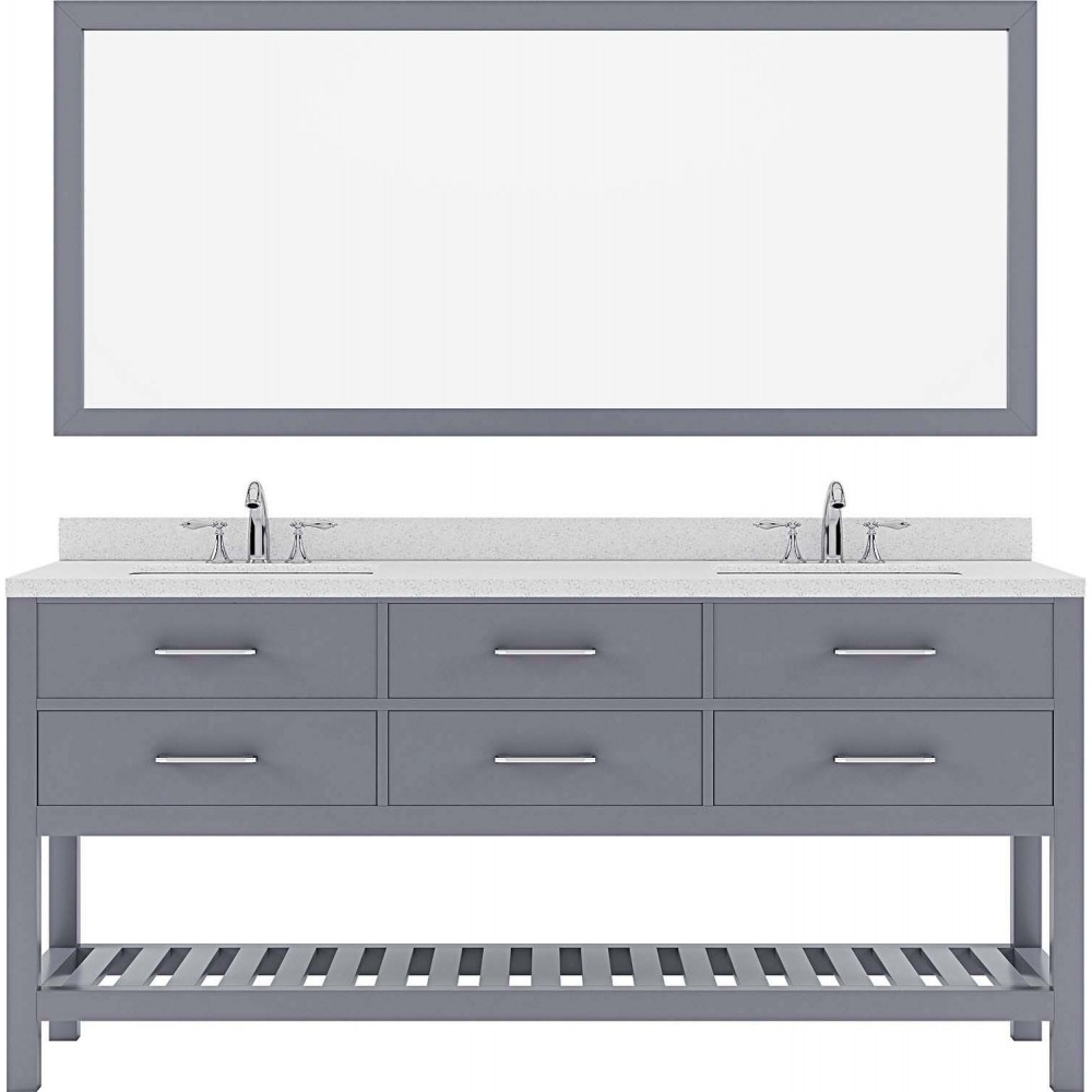 Caroline Estate 72" Double Bath Vanity in Gray with White Quartz Top and Square Sinks with Polished Chrome Faucets and Mirror