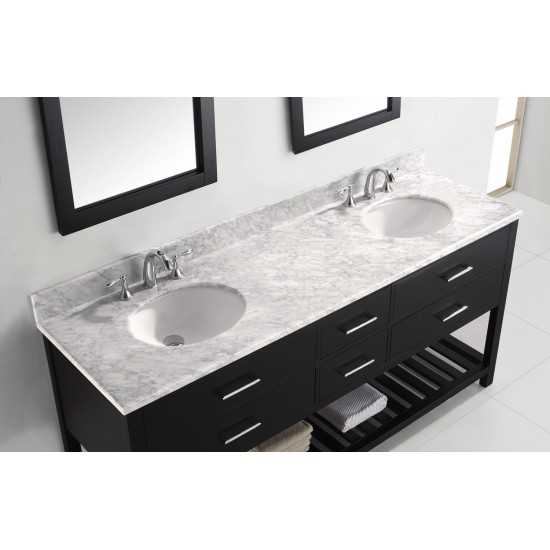 Caroline Estate 72" Double Vanity in Espresso with White Marble Top and Round Sinks with Polished Chrome Faucets and Mirrors