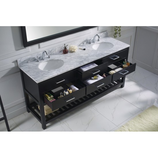 Caroline Estate 72" Double Bath Vanity in Espresso with White Marble Top and Round Sinks with Brushed Nickel Faucets and Mirr