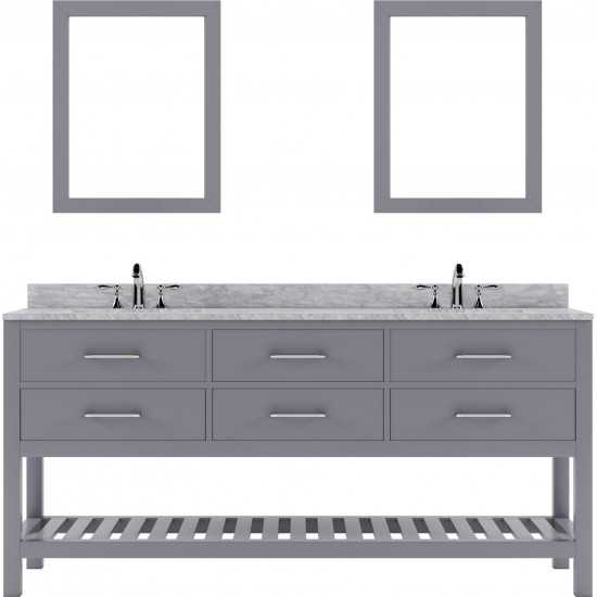 Caroline Estate 72" Double Bath Vanity in Gray with White Marble Top and Round Sinks and Matching Mirrors