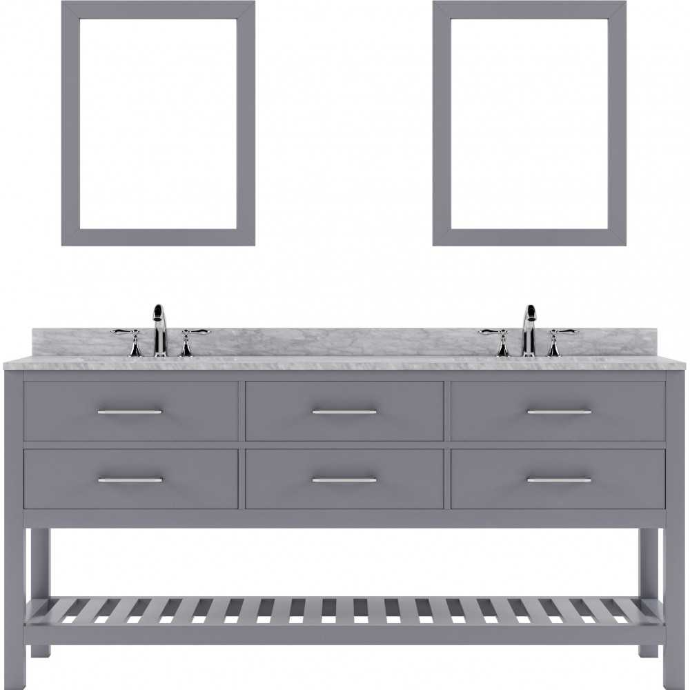 Caroline Estate 72" Double Bath Vanity in Gray with White Marble Top and Round Sinks and Matching Mirrors