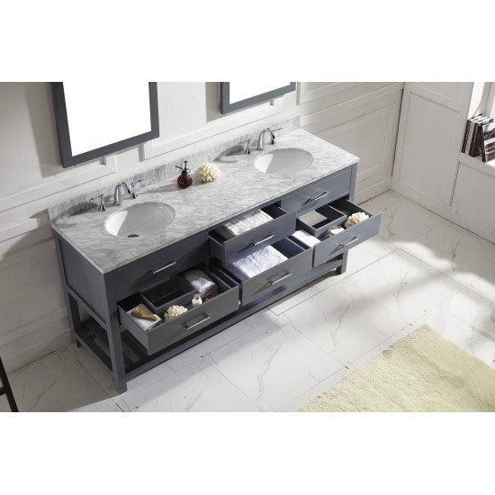 Caroline Estate 72" Double Bath Vanity in Gray with White Marble Top and Round Sinks and Matching Mirrors