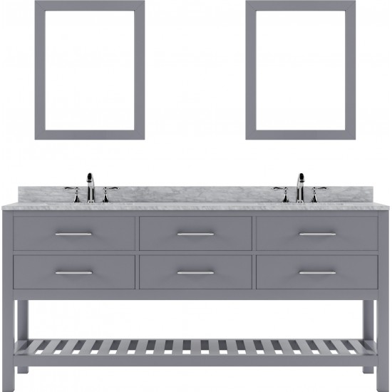 Caroline Estate 72" Double Bath Vanity in Gray with White Marble Top and Round Sinks with Polished Chrome Faucets and Mirrors